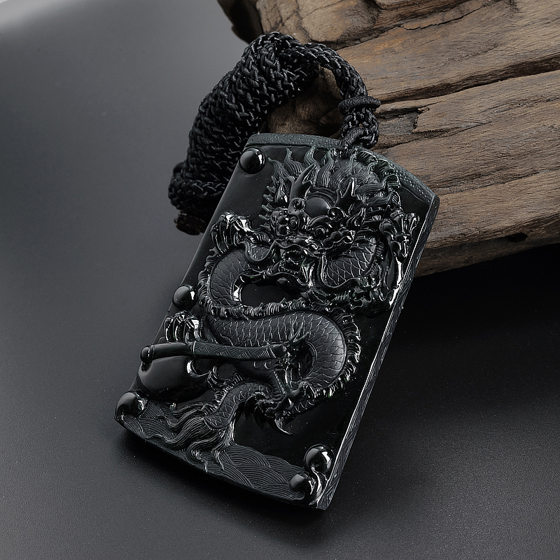 缅甸糯种墨翠翡翠龙牌吊坠-红掌柜