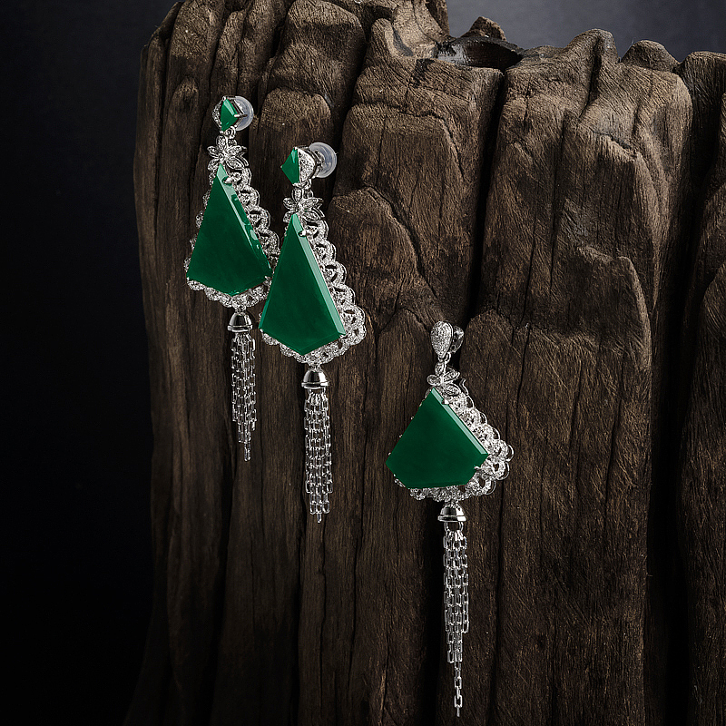 天然糯种翠色翡翠耳钉吊坠套装 - 红掌柜