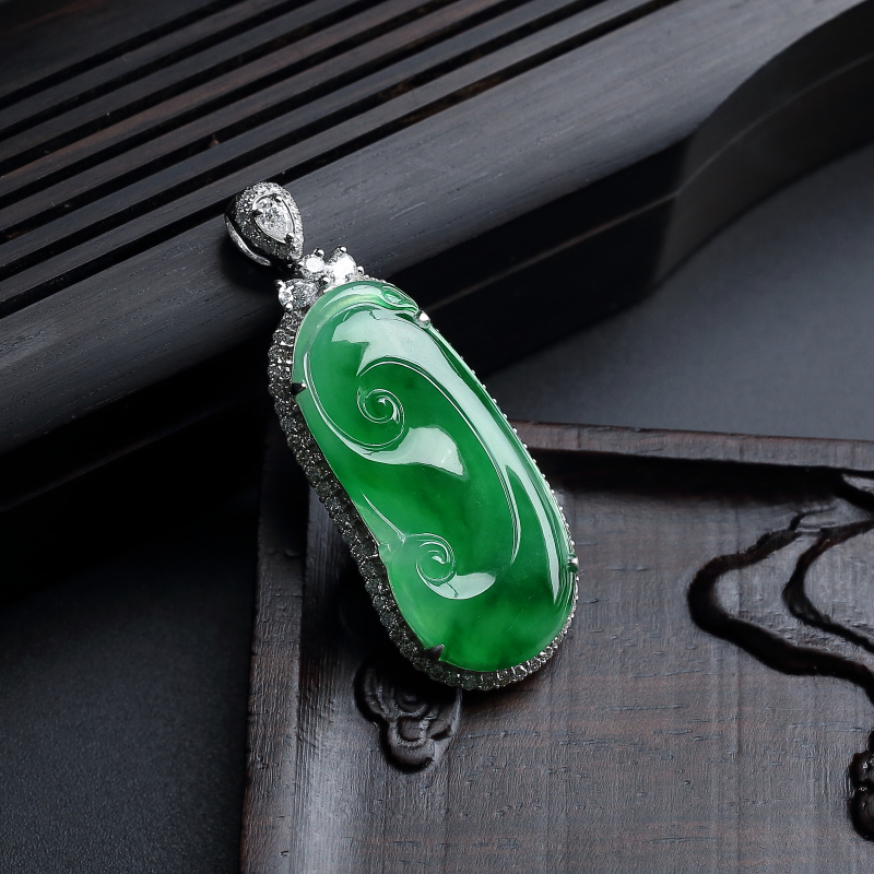 A货天然18K金镶冰糯种阳绿如意吊坠 - 红掌柜