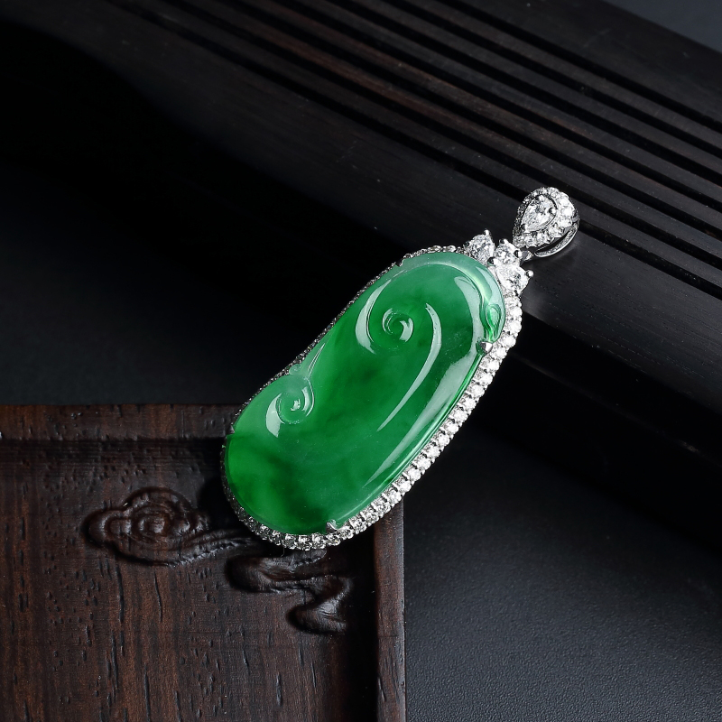 18K金镶冰糯种阳绿如意吊坠 - 红掌柜