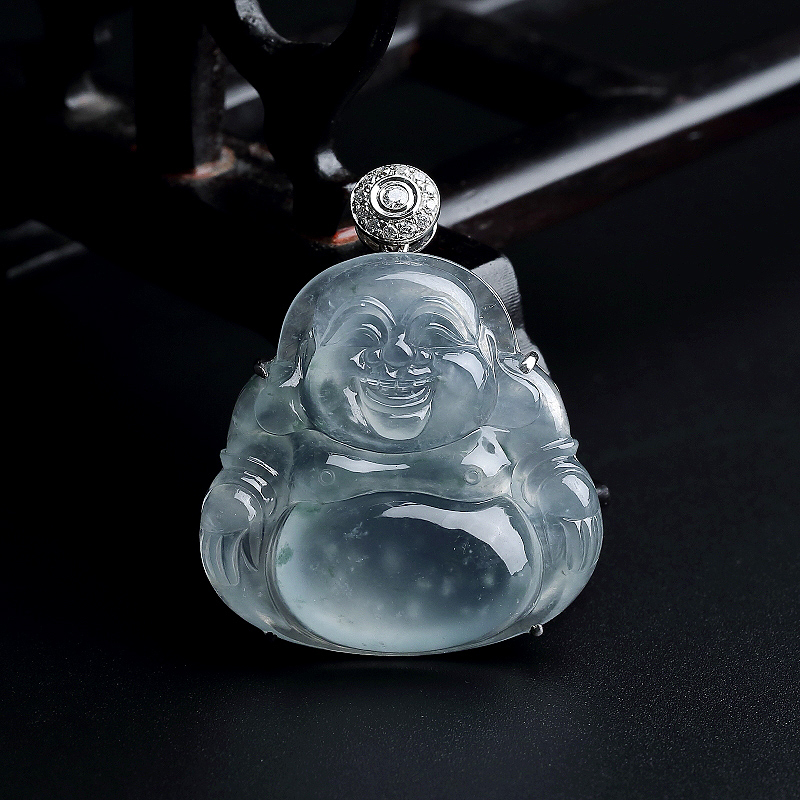 缅甸A货天然18K金镶冰糯种飘花翡翠佛吊坠 - 红掌柜