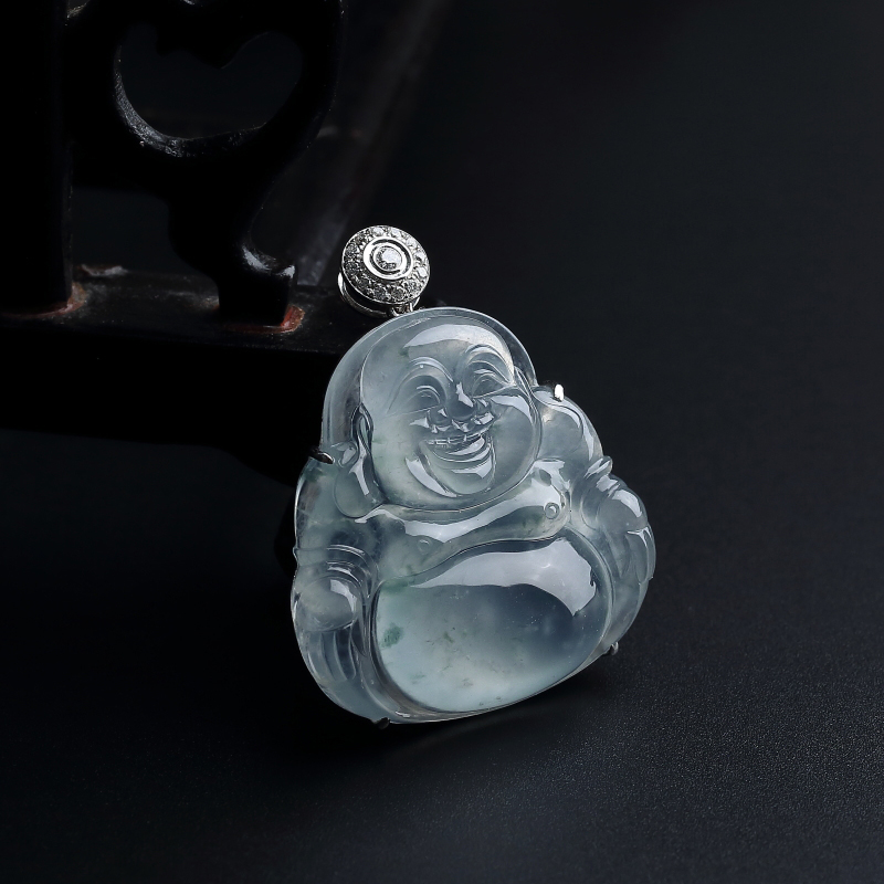 A货天然18K金镶冰糯种飘花翡翠佛吊坠 - 红掌柜