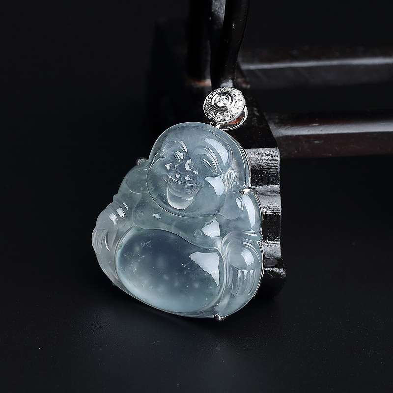 天然18K金镶冰糯种飘花翡翠佛吊坠 - 红掌柜