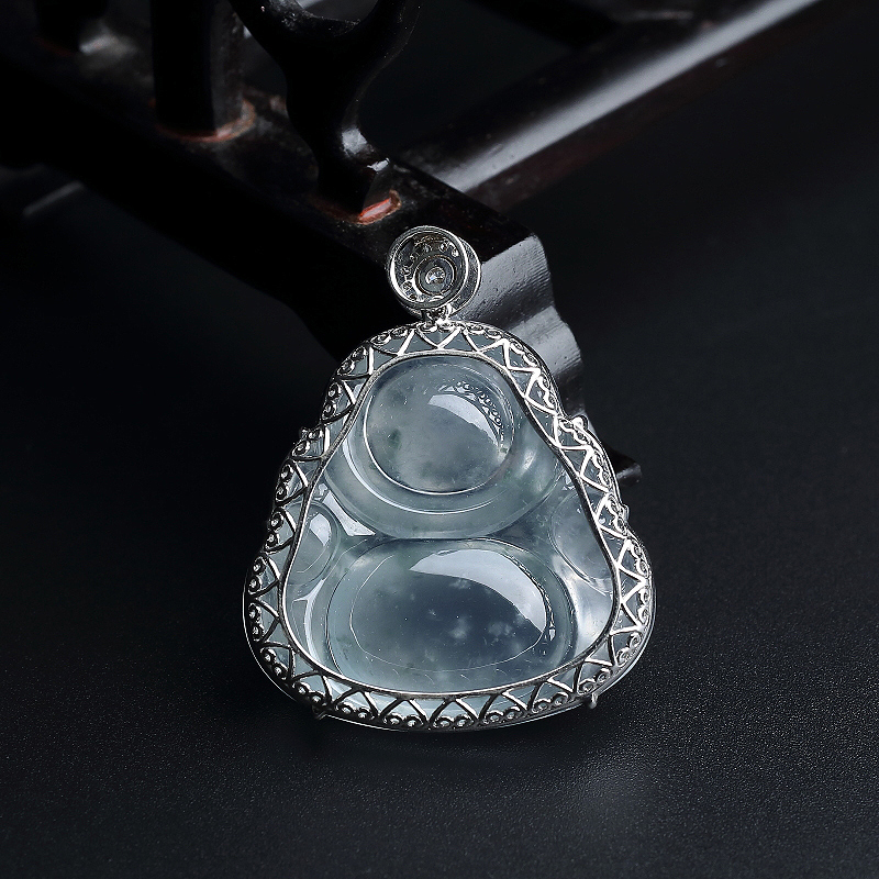 18K金镶冰糯种飘花翡翠佛吊坠 - 红掌柜