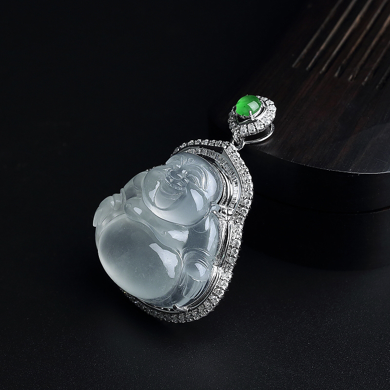 18K金镶冰糯种翡翠弥勒佛吊坠 - 红掌柜