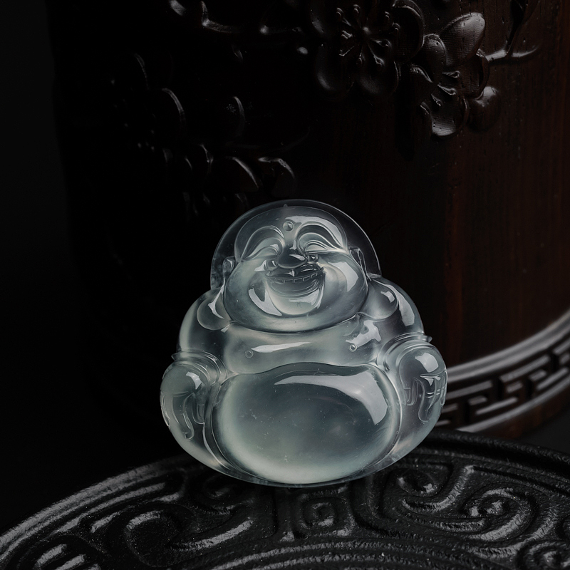 缅甸天然冰种浅绿翡翠弥勒佛吊坠-红掌柜