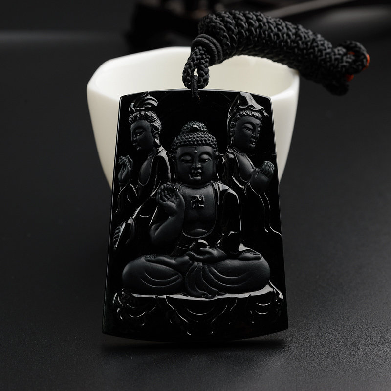 缅甸天然冰糯种墨翠翡翠西方三圣吊坠-红掌柜