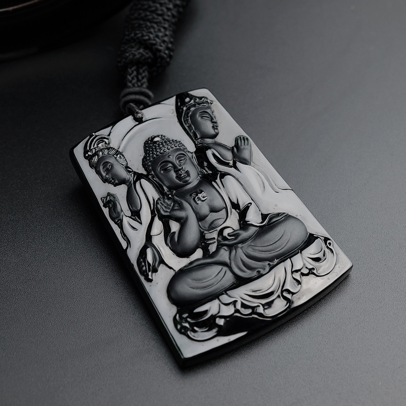 天然冰糯种墨翠翡翠西方三圣吊坠-红掌柜