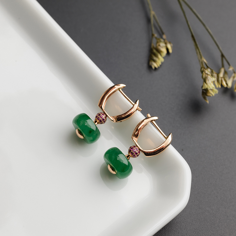 18K金镶糯种阳绿翡翠耳环-红掌柜