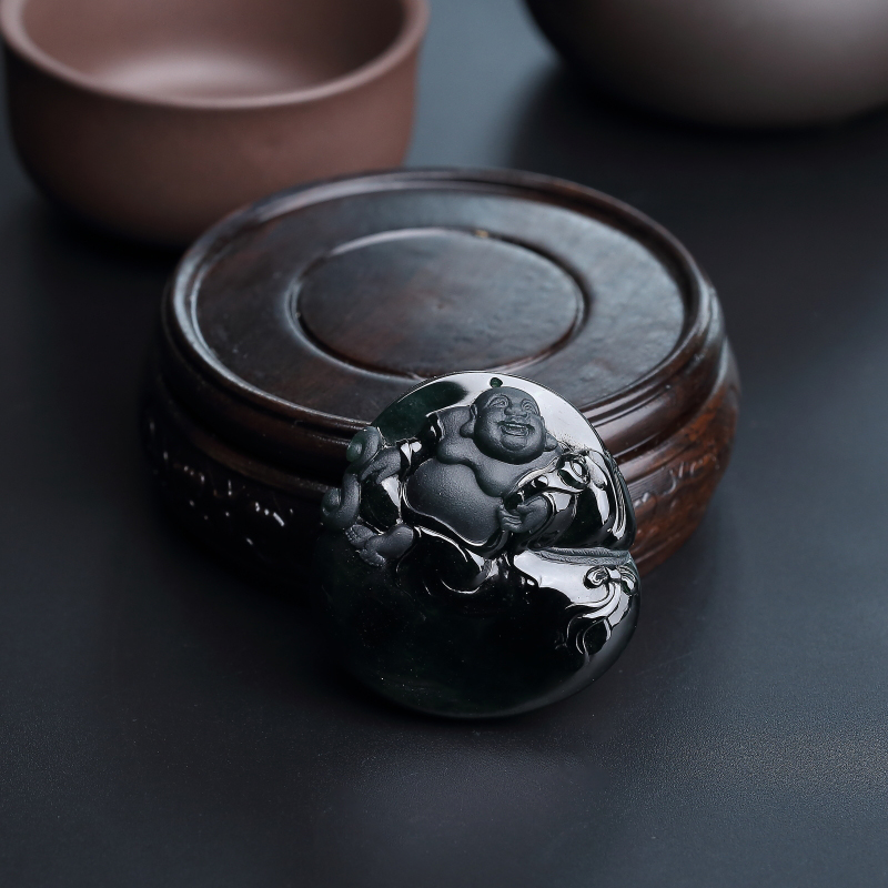 缅甸天然糯种墨翠弥勒佛吊坠-红掌柜