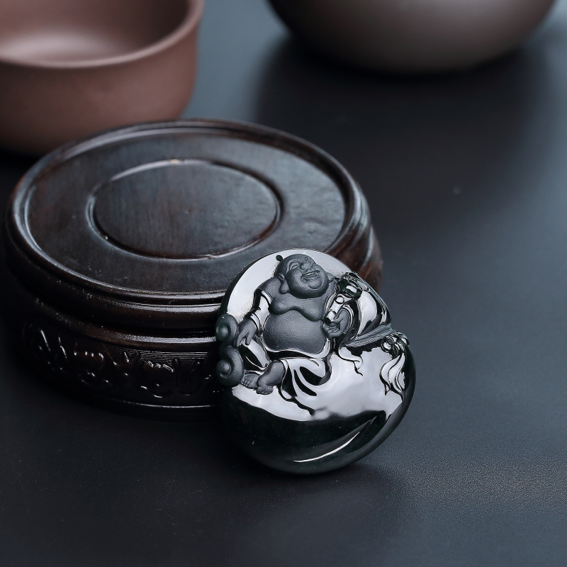 天然糯种墨翠弥勒佛吊坠-红掌柜