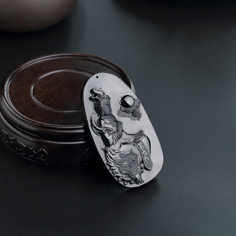 A货天然糯种墨翠文殊菩萨吊坠 - 红掌柜