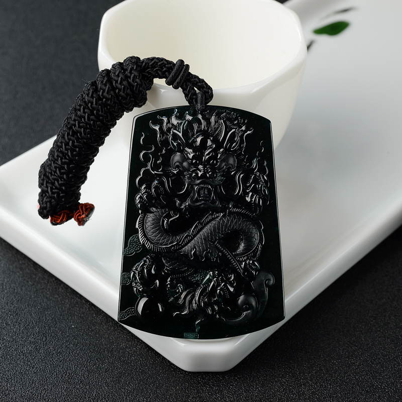 缅甸天然冰糯种墨翠龙牌吊坠-红掌柜