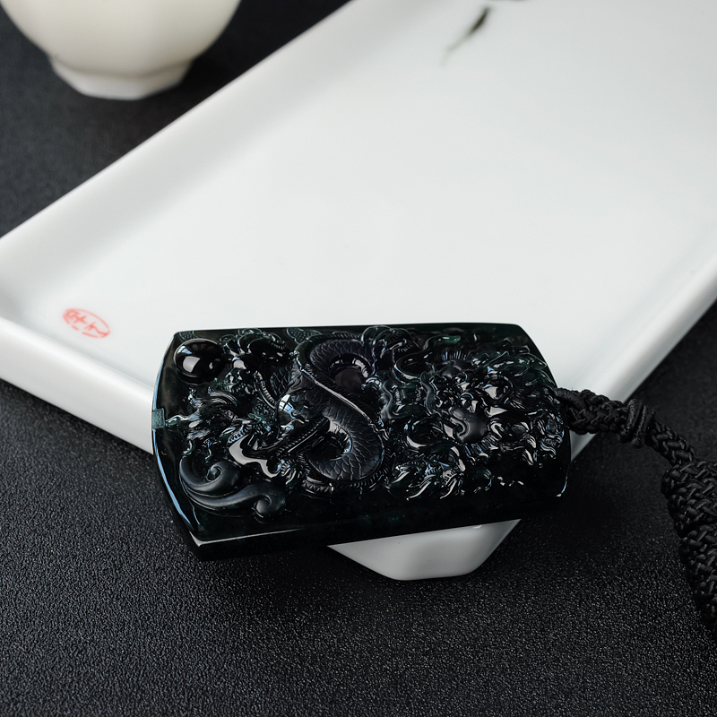 缅甸冰糯种墨翠龙牌吊坠-红掌柜