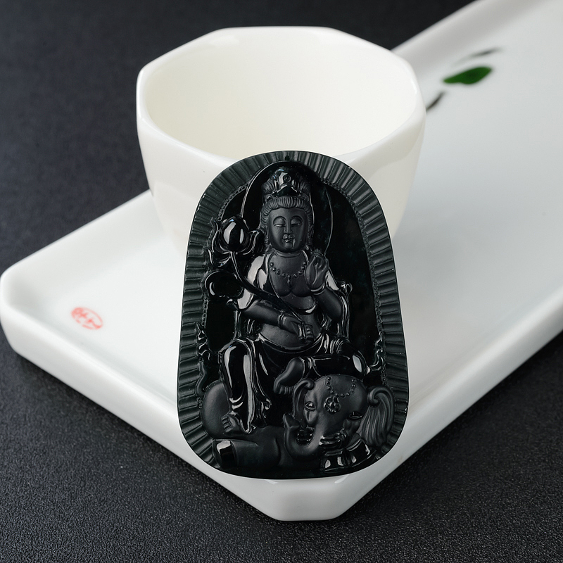 缅甸天然冰糯种墨翠普贤菩萨吊坠-红掌柜
