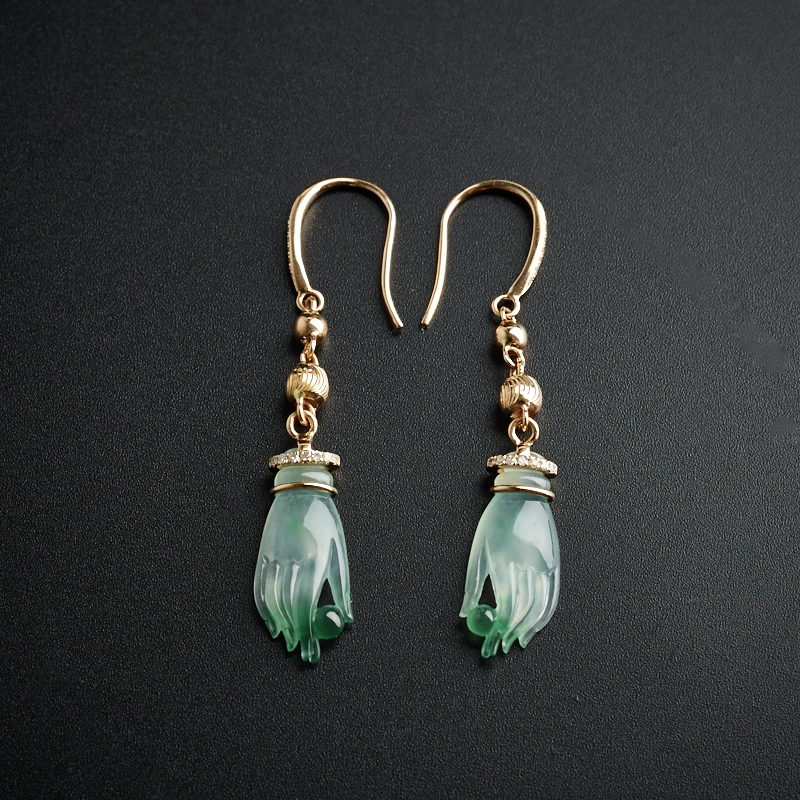 冰糯种翡翠飘花佛手耳环-红掌柜