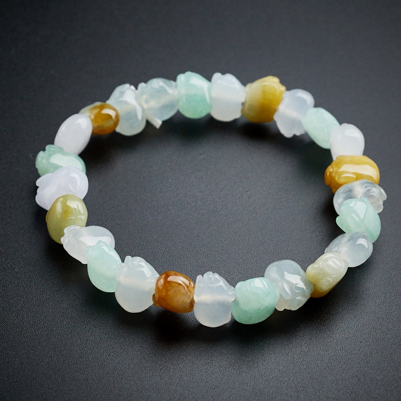 冰糯种翡翠三彩小猪手串-红掌柜