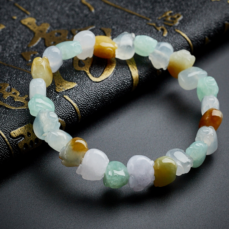 缅甸冰糯种翡翠三彩小猪手串-红掌柜