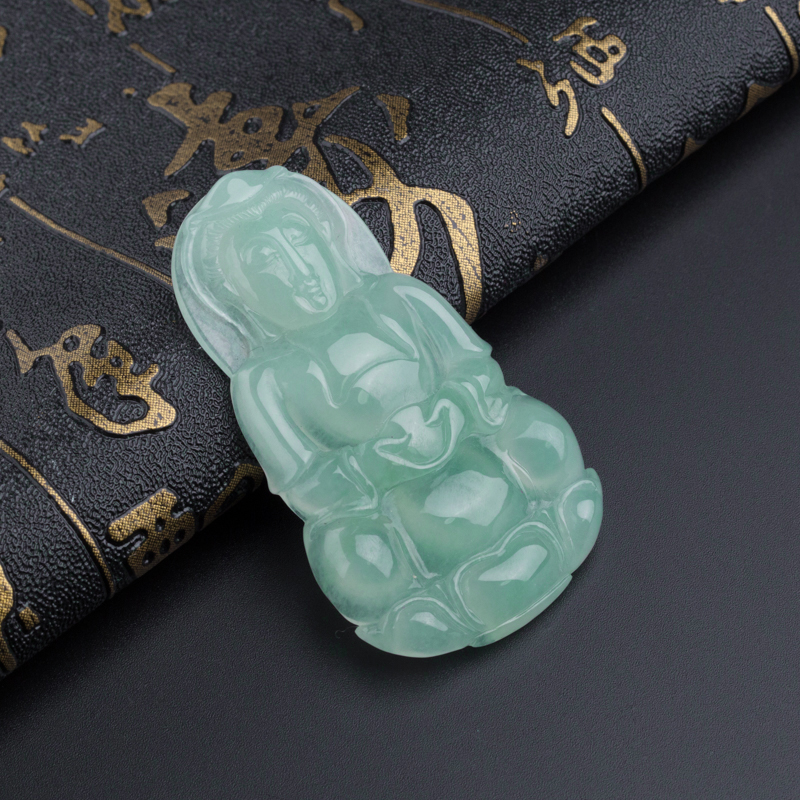 缅甸A货天然糯种淡绿翡翠观音吊坠 - 红掌柜