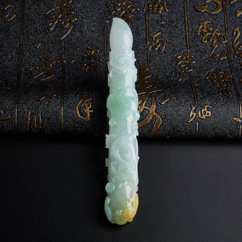 缅甸A货天然糯种浅绿飘黄翡毛笔摆件 - 红掌柜