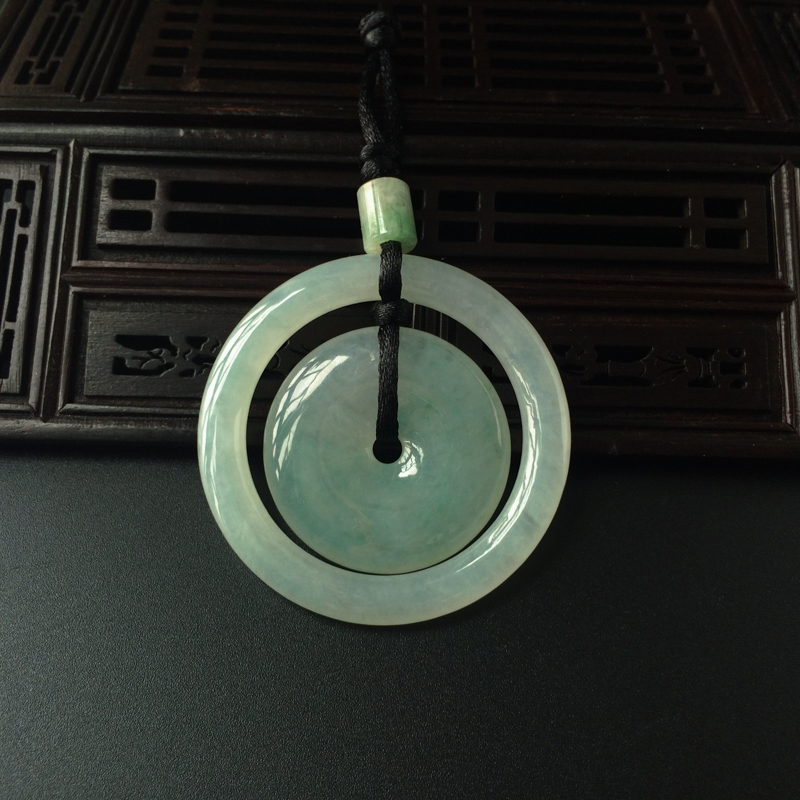 缅甸A货天然冰糯种浅绿翡翠同心子母平安扣吊坠 - 红掌柜