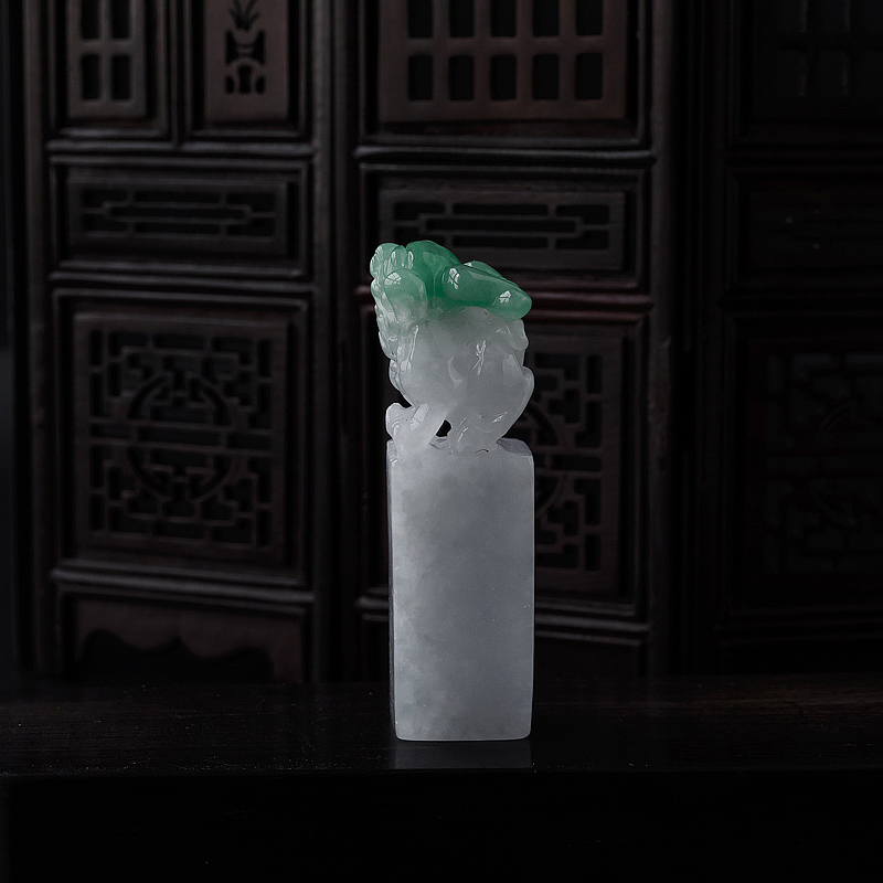 缅甸天然糯种翡翠貔貅印章-红掌柜