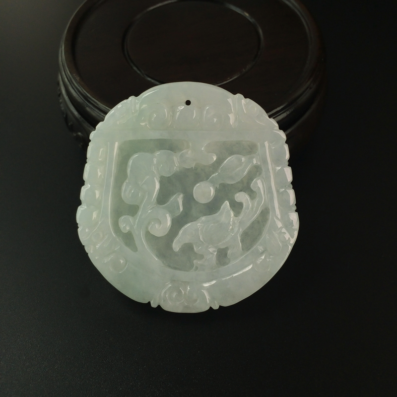 缅甸天然糯种淡绿翡翠喜鹊报春吊坠-红掌柜