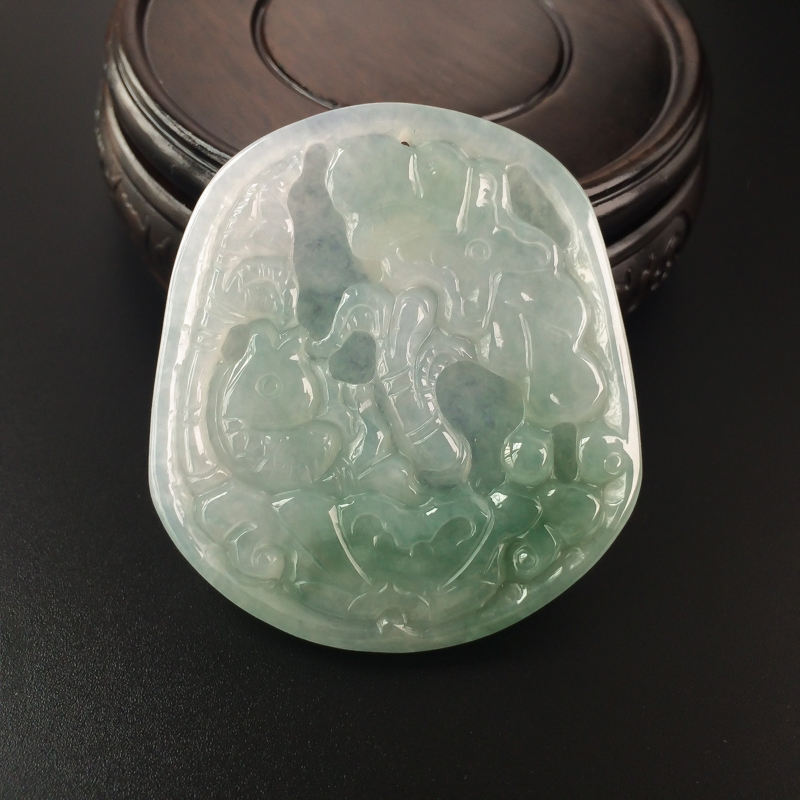 缅甸天然糯种飘绿翡翠连年有余吊坠-红掌柜