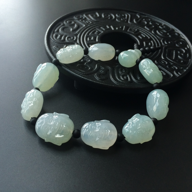 缅甸细糯种淡绿翡翠罗汉手串-红掌柜