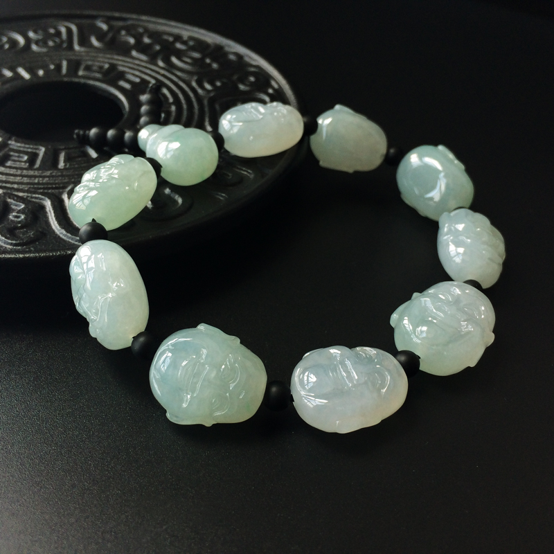 缅甸淡绿翡翠罗汉手串-红掌柜