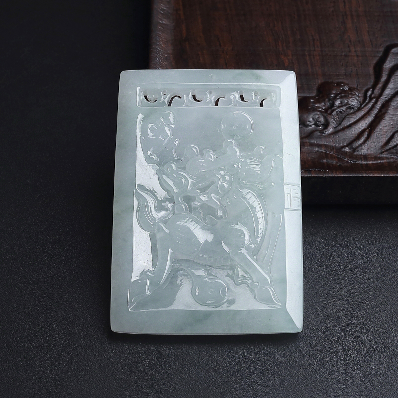 缅甸天然糯种飘花翡翠麒麟牌吊坠-红掌柜