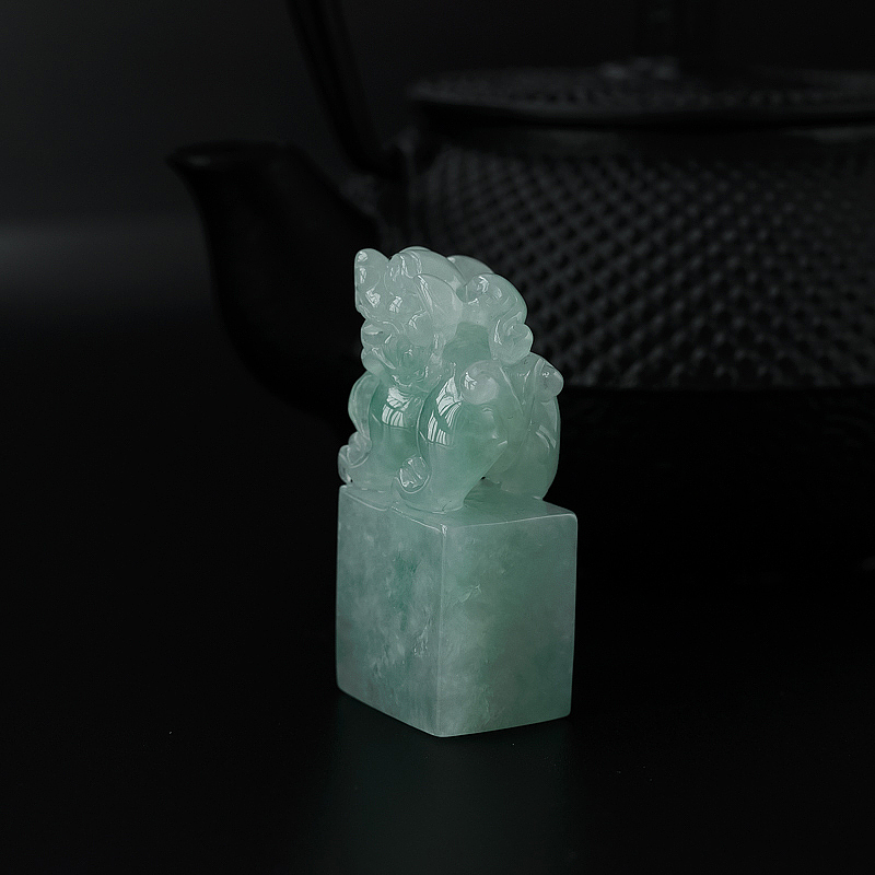 缅甸天然糯种翡翠貔貅印章-红掌柜