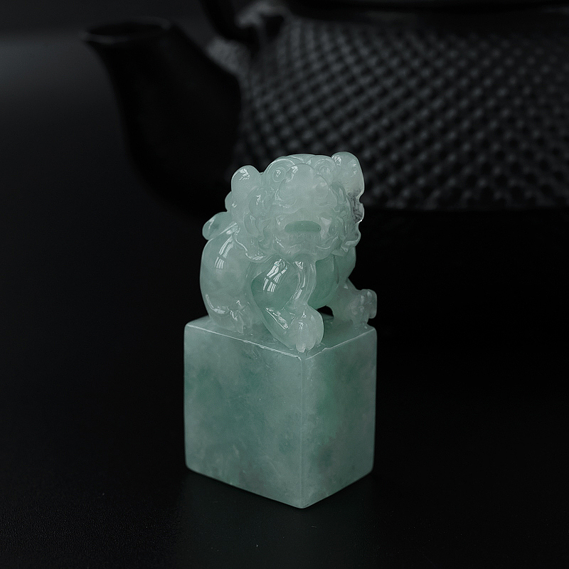 缅甸天然糯种浅绿翡翠貔貅印章-红掌柜