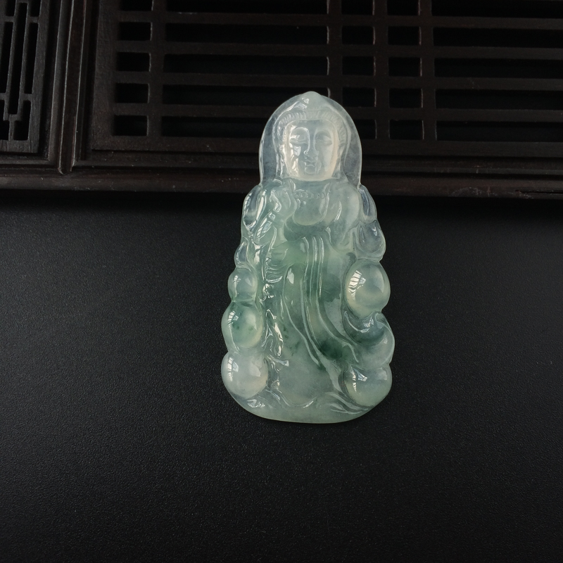 缅甸A货天然糯种飘花翡翠观音吊坠 - 红掌柜