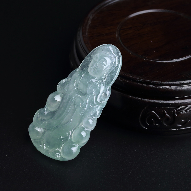 缅甸冰糯种飘花翡翠观音吊坠-红掌柜