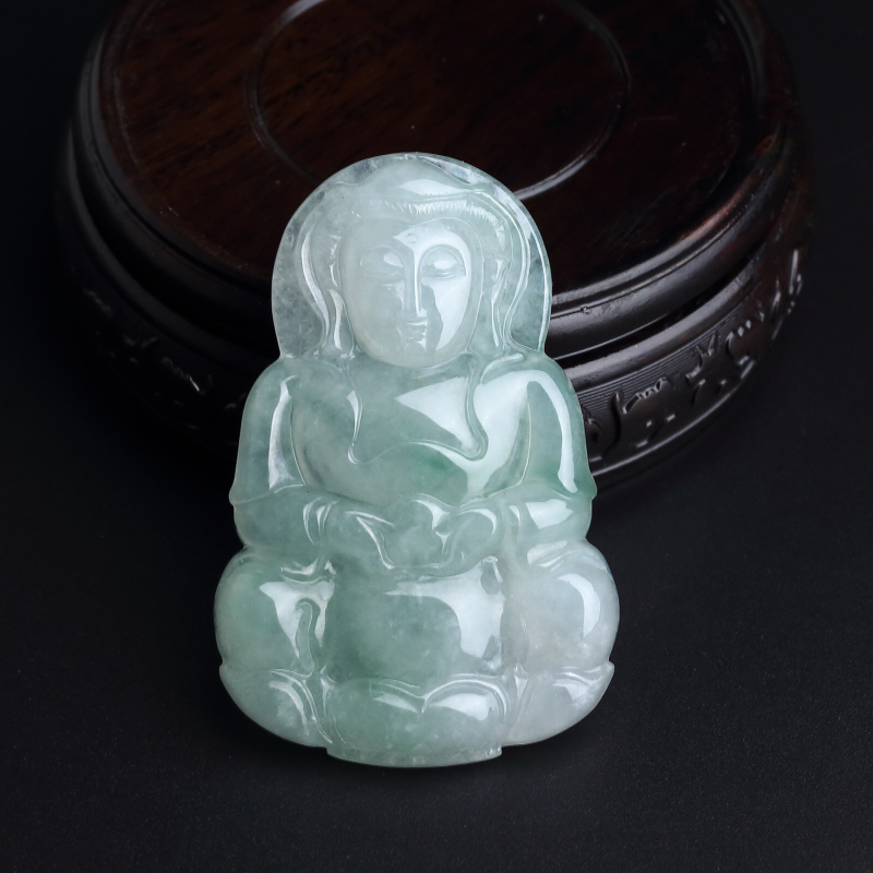 缅甸天然糯种飘绿翡翠观音吊坠-红掌柜