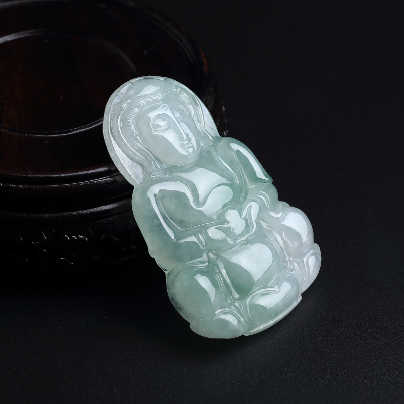 天然糯种飘绿翡翠观音吊坠-红掌柜