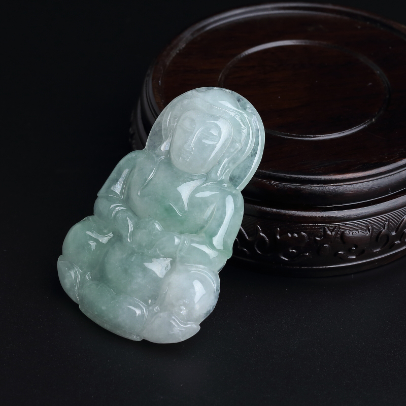 缅甸糯种飘绿翡翠观音吊坠-红掌柜
