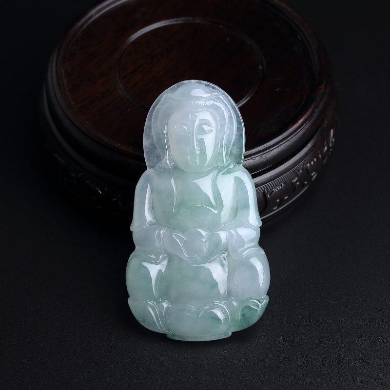 缅甸天然糯种飘绿翡翠观音吊坠-红掌柜