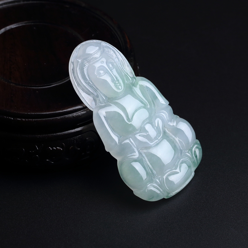 天然糯种飘绿翡翠观音吊坠-红掌柜