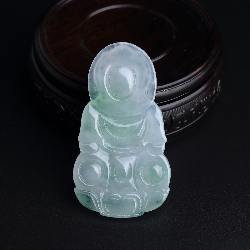 缅甸天然飘绿翡翠观音吊坠-红掌柜