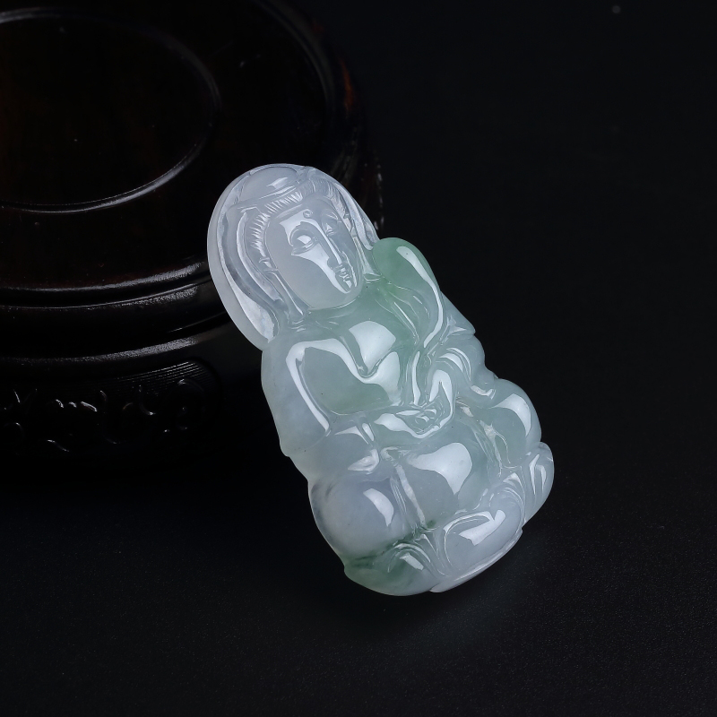 天然糯种飘绿翡翠观音吊坠-红掌柜