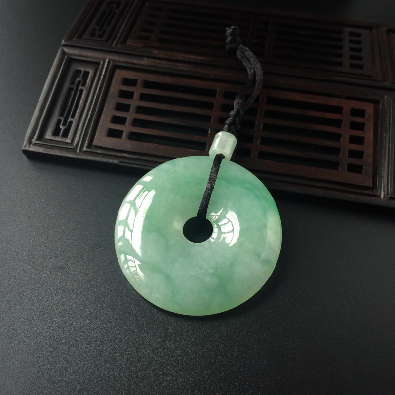 缅甸天然飘绿翡翠平安扣吊坠-红掌柜