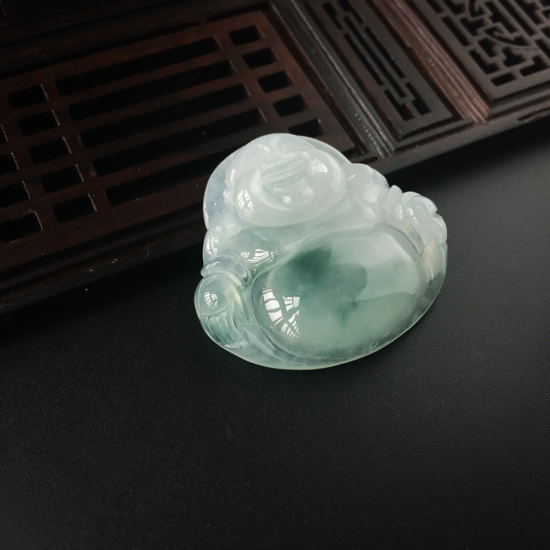 天然糯种飘花翡翠弥勒佛吊坠-红掌柜