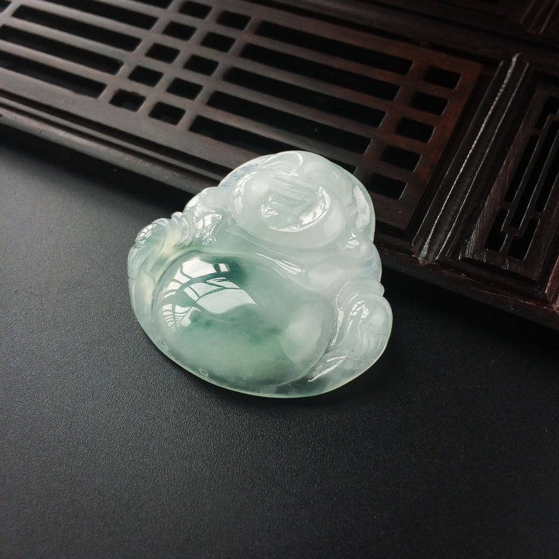 缅甸糯种飘花翡翠弥勒佛吊坠-红掌柜