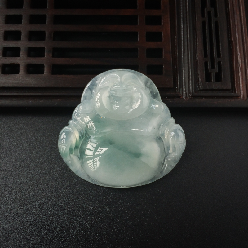 缅甸天然糯种飘花翡翠弥勒佛吊坠-红掌柜