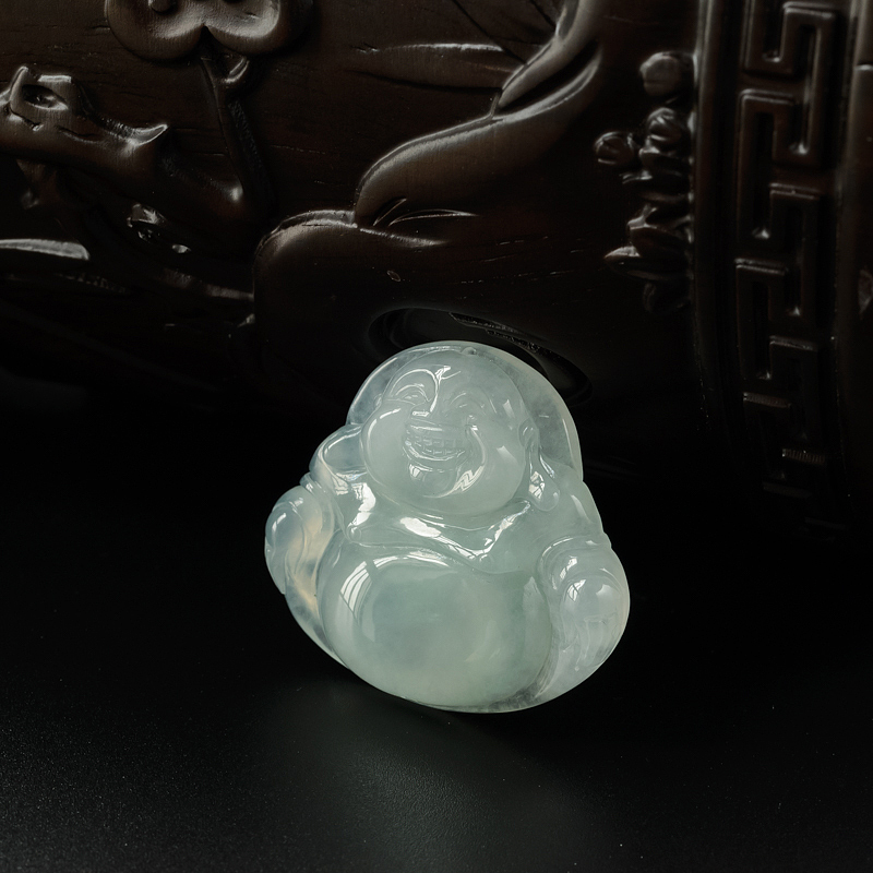 天然细糯种浅绿翡翠弥勒佛吊坠-红掌柜
