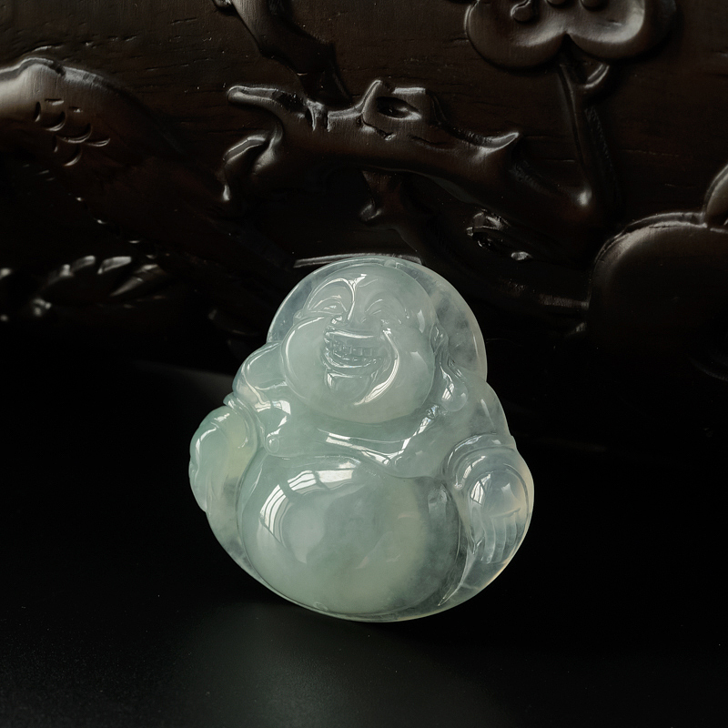 天然糯种浅绿翡翠弥勒佛吊坠-红掌柜