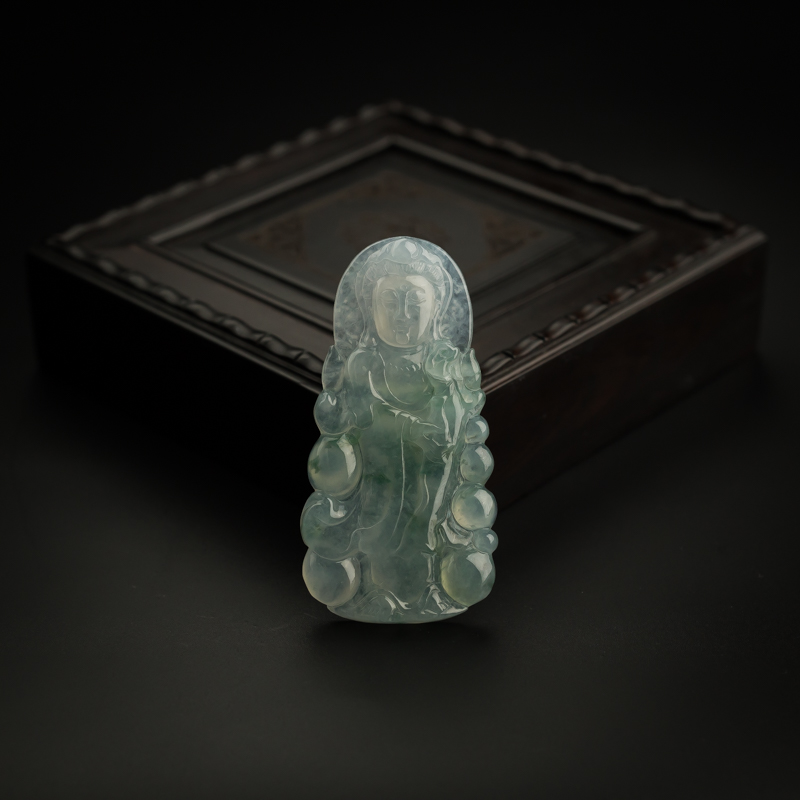 缅甸A货天然冰糯种飘花翡翠观音吊坠 - 红掌柜