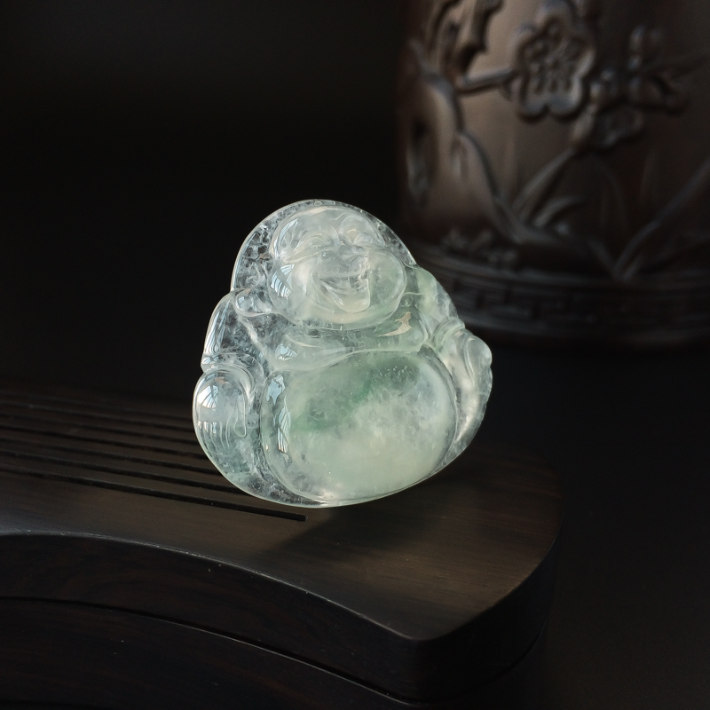 天然冰糯种浅绿翡翠弥勒佛吊坠 - 红掌柜